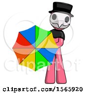 Pink Plague Doctor Man Holding Rainbow Umbrella Out To Viewer