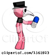 Pink Plague Doctor Man Holding Blue Pill Walking To Right