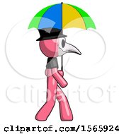 Poster, Art Print Of Pink Plague Doctor Man Walking With Colored Umbrella