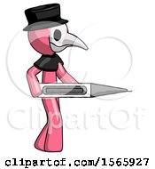 Pink Plague Doctor Man Walking With Large Thermometer