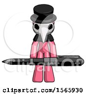 Poster, Art Print Of Pink Plague Doctor Man Weightlifting A Giant Pen