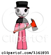 Poster, Art Print Of Pink Plague Doctor Man Holding Red Fire Fighters Ax