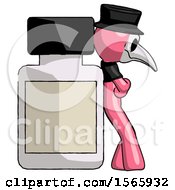 Poster, Art Print Of Pink Plague Doctor Man Leaning Against Large Medicine Bottle