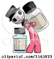 Poster, Art Print Of Pink Plague Doctor Man Holding Large White Medicine Bottle With Bottle In Background