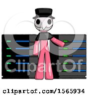 Poster, Art Print Of Pink Plague Doctor Man With Server Racks In Front Of Two Networked Systems
