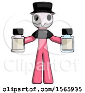 Poster, Art Print Of Pink Plague Doctor Man Holding Two Medicine Bottles