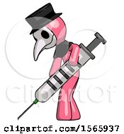Poster, Art Print Of Pink Plague Doctor Man Using Syringe Giving Injection