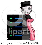 Pink Plague Doctor Man Resting Against Server Rack Viewed At Angle