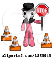 Poster, Art Print Of Pink Plague Doctor Man Holding Stop Sign By Traffic Cones Under Construction Concept