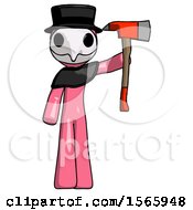 Poster, Art Print Of Pink Plague Doctor Man Holding Up Red Firefighters Ax