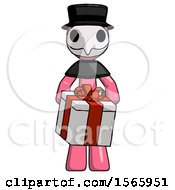 Poster, Art Print Of Pink Plague Doctor Man Gifting Present With Large Bow Front View