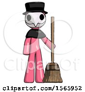 Pink Plague Doctor Man Standing With Broom Cleaning Services