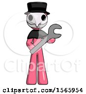 Pink Plague Doctor Man Holding Large Wrench With Both Hands