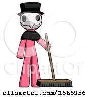 Poster, Art Print Of Pink Plague Doctor Man Standing With Industrial Broom