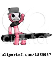 Poster, Art Print Of Pink Plague Doctor Man Riding A Pen Like A Giant Rocket