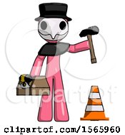 Poster, Art Print Of Pink Plague Doctor Man Under Construction Concept Traffic Cone And Tools