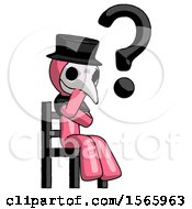 Poster, Art Print Of Pink Plague Doctor Man Question Mark Concept Sitting On Chair Thinking