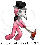 Poster, Art Print Of Pink Plague Doctor Man Striking With A Red Firefighters Ax