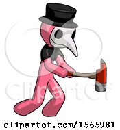 Poster, Art Print Of Pink Plague Doctor Man With Ax Hitting Striking Or Chopping