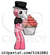 Poster, Art Print Of Pink Plague Doctor Man Holding Large Cupcake Ready To Eat Or Serve