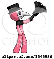 Poster, Art Print Of Pink Plague Doctor Man Dusting With Feather Duster Upwards