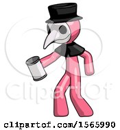 Poster, Art Print Of Pink Plague Doctor Man Begger Holding Can Begging Or Asking For Charity Facing Left