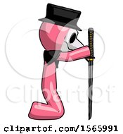 Poster, Art Print Of Pink Plague Doctor Man Kneeling With Ninja Sword Katana Showing Respect