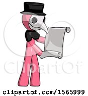 Poster, Art Print Of Pink Plague Doctor Man Holding Blueprints Or Scroll