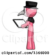 Poster, Art Print Of Pink Plague Doctor Man Looking At Tablet Device Computer With Back To Viewer