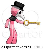 Poster, Art Print Of Pink Plague Doctor Man With Big Key Of Gold Opening Something