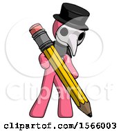 Poster, Art Print Of Pink Plague Doctor Man Writing With Large Pencil