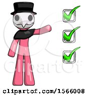 Poster, Art Print Of Pink Plague Doctor Man Standing By List Of Checkmarks