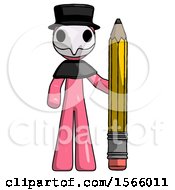Poster, Art Print Of Pink Plague Doctor Man With Large Pencil Standing Ready To Write