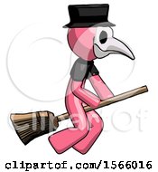 Poster, Art Print Of Pink Plague Doctor Man Flying On Broom