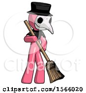 Poster, Art Print Of Pink Plague Doctor Man Sweeping Area With Broom