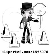 Poster, Art Print Of Ink Plague Doctor Man Holding Stop Sign By Traffic Cones Under Construction Concept