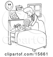 Coloring Book Page Of A Friendly Registered Nurse Bending Over A Sick Girl In A Hospital Bed Handing Her A Balloon Clipart Illustration by Andy Nortnik