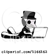 Poster, Art Print Of Ink Plague Doctor Man Using Laptop Computer While Lying On Floor Side Angled View