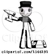 Poster, Art Print Of Ink Plague Doctor Man Holding Drill Ready To Work Toolchest And Tools To Right