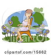 Pretty Brunette Woman Seated On A Wooden Park Bench And Enjoying The Beautiful Purple Daisy Flowers Clipart Illustration