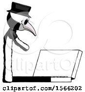 Poster, Art Print Of Ink Plague Doctor Man Using Large Laptop Computer Side Orthographic View