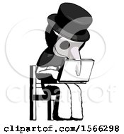 Poster, Art Print Of Ink Plague Doctor Man Using Laptop Computer While Sitting In Chair Angled Right