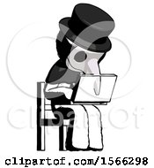 Ink Plague Doctor Man Using Laptop Computer While Sitting In Chair Angled Right
