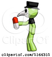 Green Plague Doctor Man Holding Red Pill Walking To Left