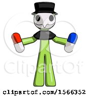 Green Plague Doctor Man Holding A Red Pill And Blue Pill