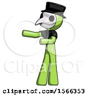 Green Plague Doctor Man Presenting Something To His Right