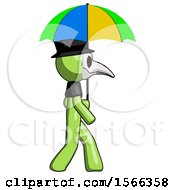Green Plague Doctor Man Walking With Colored Umbrella