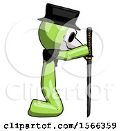 Poster, Art Print Of Green Plague Doctor Man Kneeling With Ninja Sword Katana Showing Respect