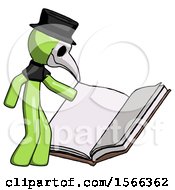 Green Plague Doctor Man Reading Big Book While Standing Beside It