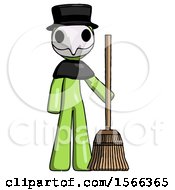 Poster, Art Print Of Green Plague Doctor Man Standing With Broom Cleaning Services